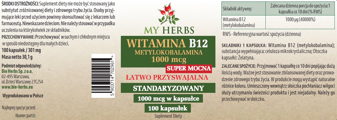 Etykieta suplementu My Herbs Witamina B12 Metylokobalamina 1000 mcg