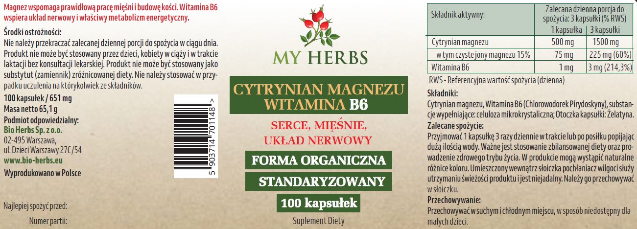 My Herbs Cytrynian Magnezu + Witamina B6 100 kapsułek – skład i dawkowanie