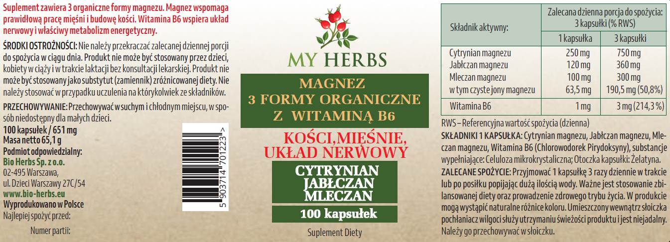 Etykieta suplementu My Herbs Magnez 3 Formy Organiczne z Witaminą B6
