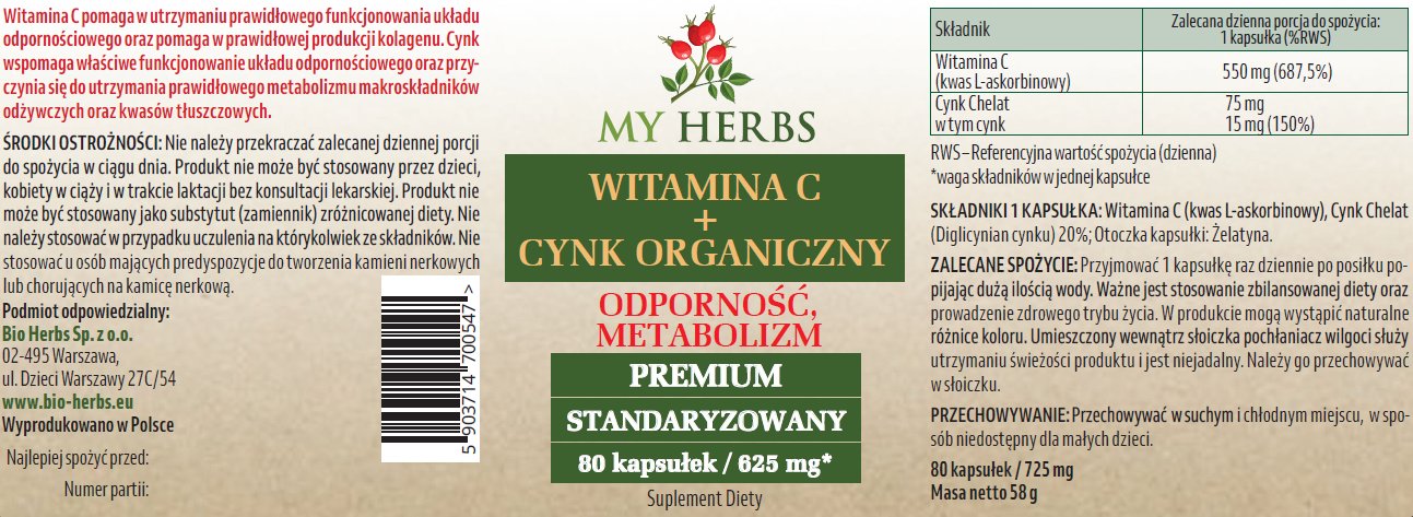 Etykieta My Herbs Witamina C + Cynk Organiczny Premium 80 kapsułek