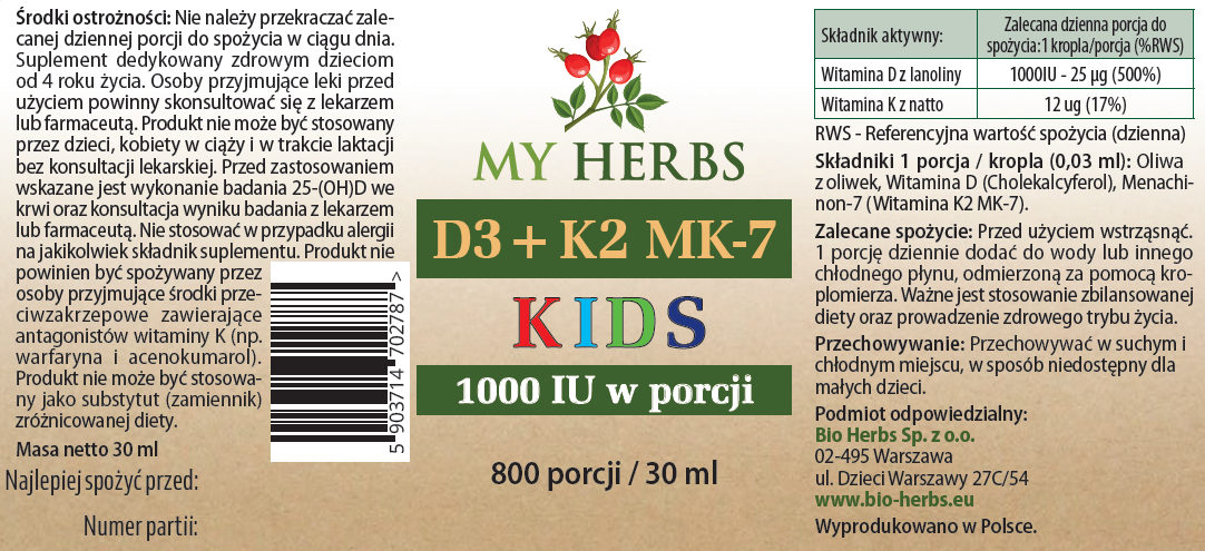 D3 + K2 MK-7 Kids My Herbs – skład i etykieta produktu