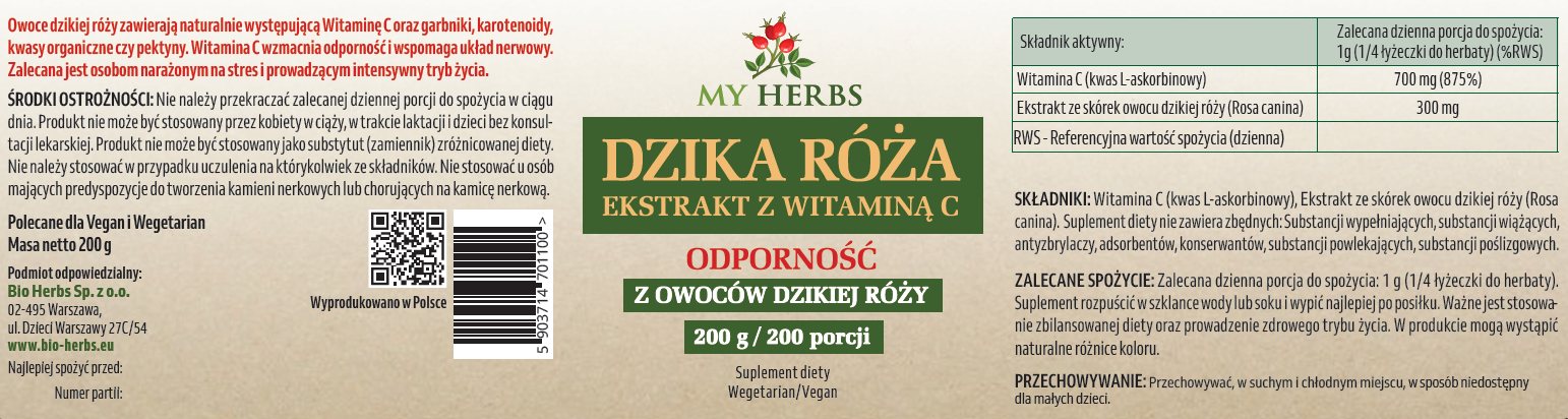Etykieta Dzika Róża Ekstrakt z Witaminą C 200 g My Herbs