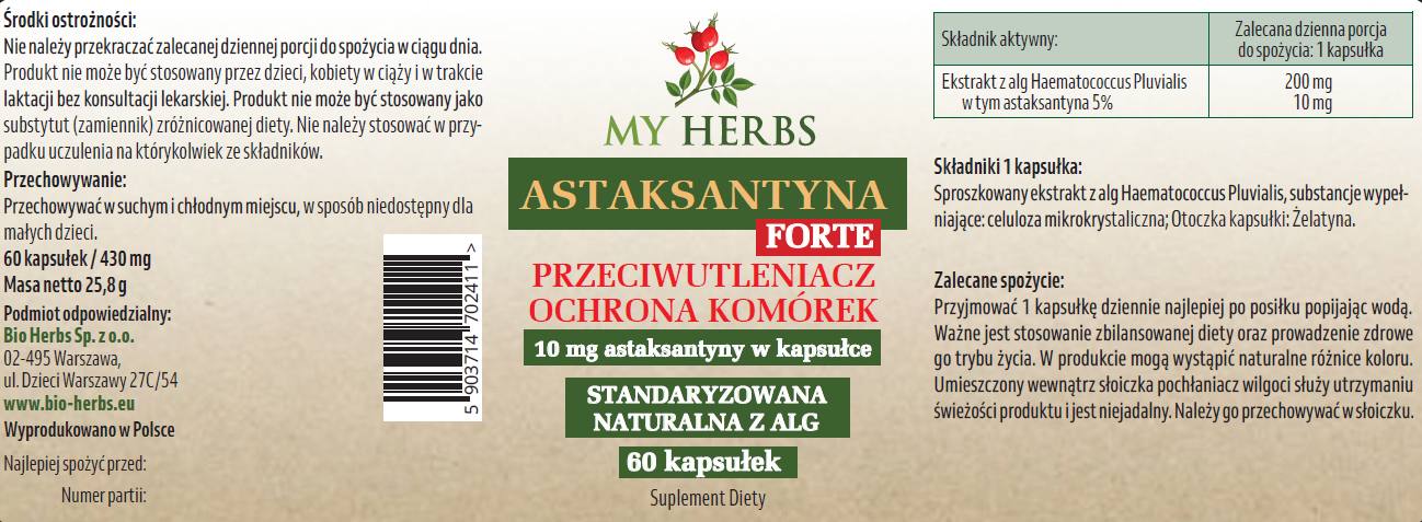 My Herbs Astaksantyna Forte 10 mg 60 kapsułek – skład i etykieta produktu