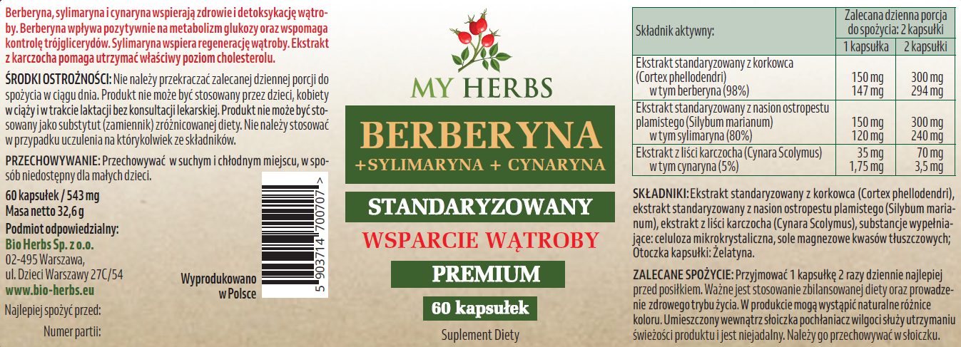 My Herbs Berberyna + Sylimaryna + Cynaryna 60 kapsułek – skład i etykieta