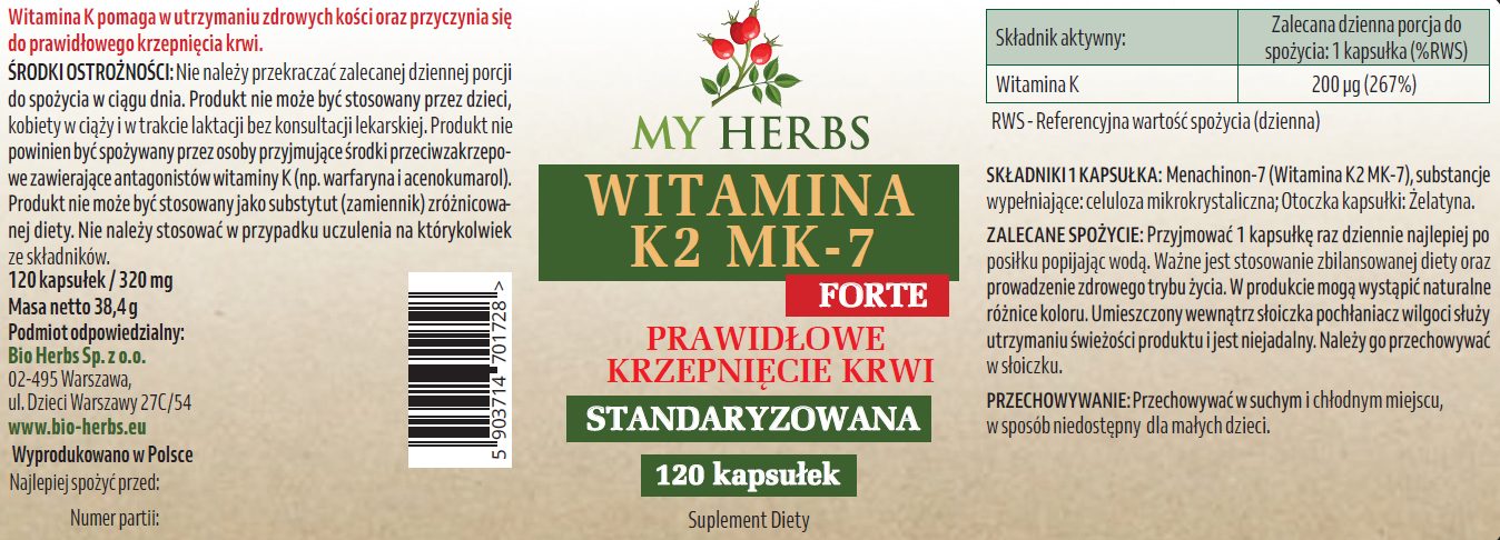 My Herbs Witamina K2 MK-7 Forte 200 µg – skład i etykieta