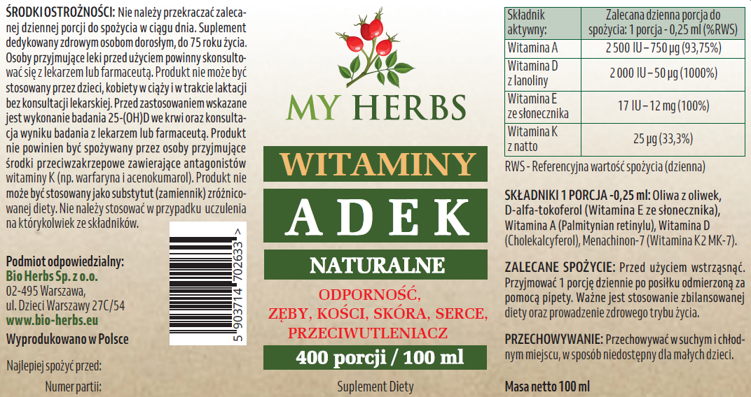 Etykieta My Herbs Witaminy A D E K Naturalne 100 ml