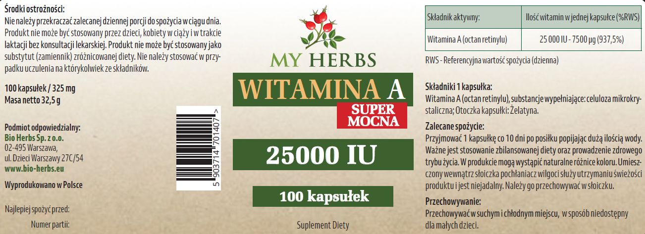 My Herbs Witamina A 25 000 IU – etykieta produktu