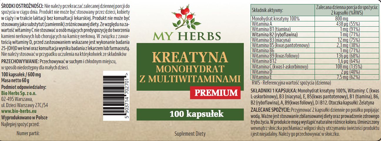 My Herbs Kreatyna Monohydrat z Multiwitaminami 100 kapsułek etykieta